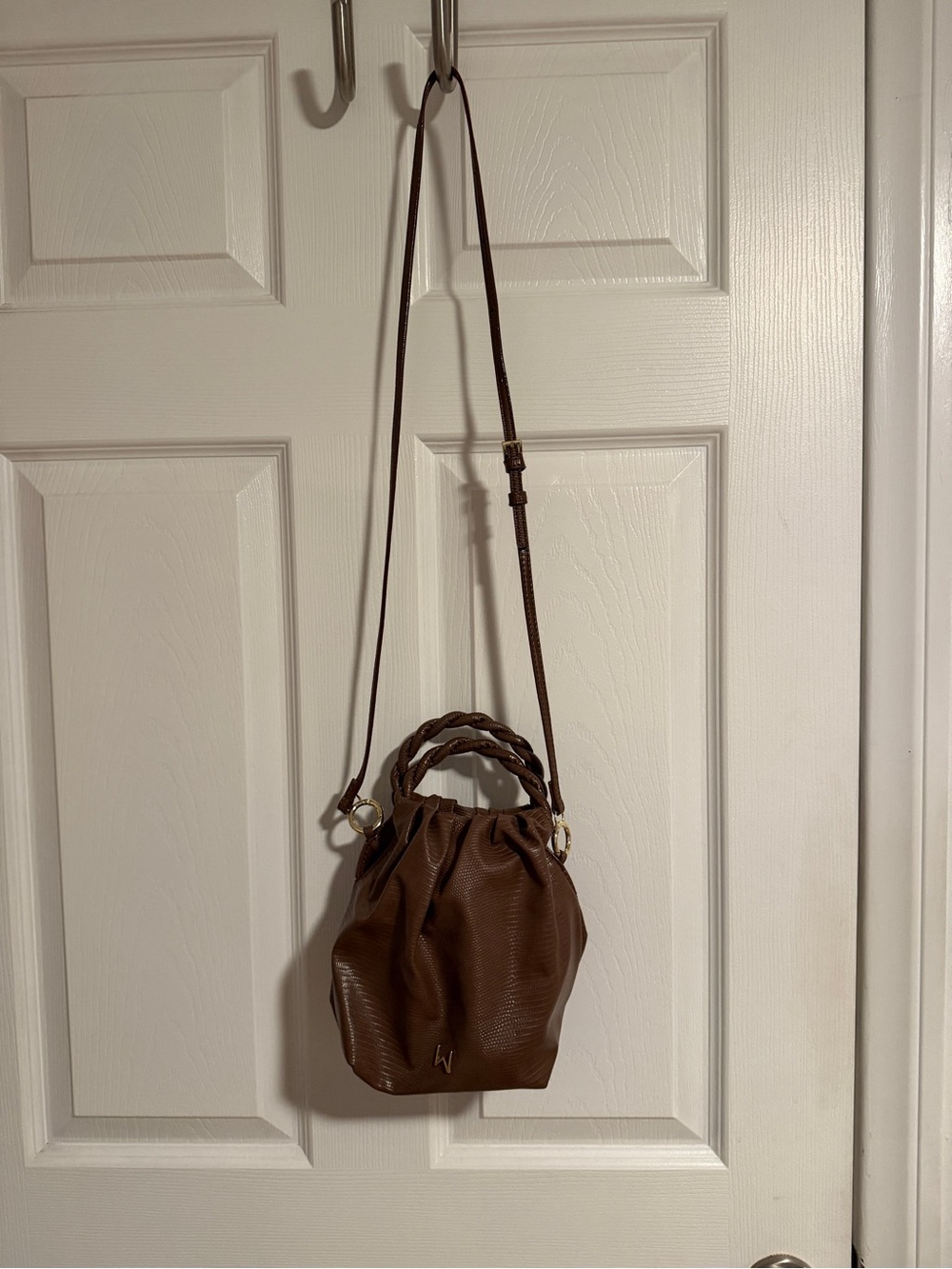 Braided-Handle Brown Leather Drawstring Crossbody Bag